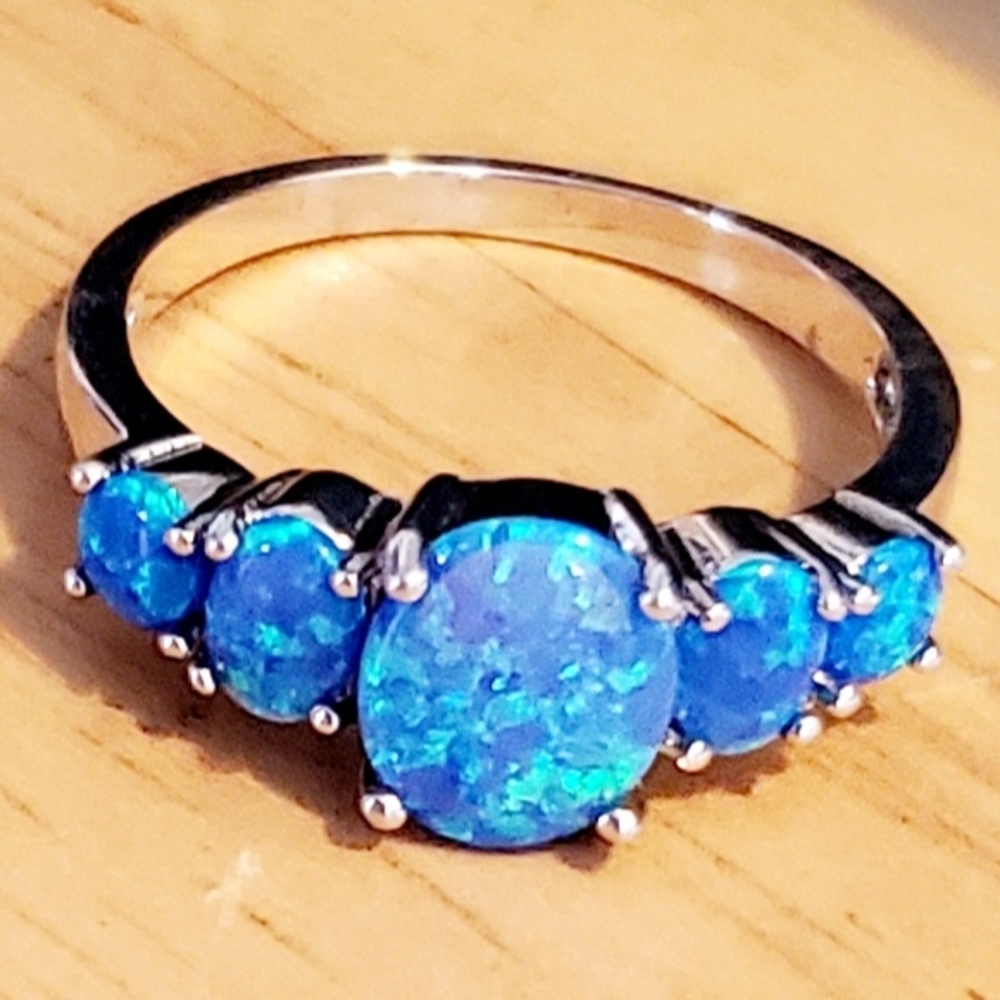 Blue Opal Five-Stone Sterling Ring Sz 10